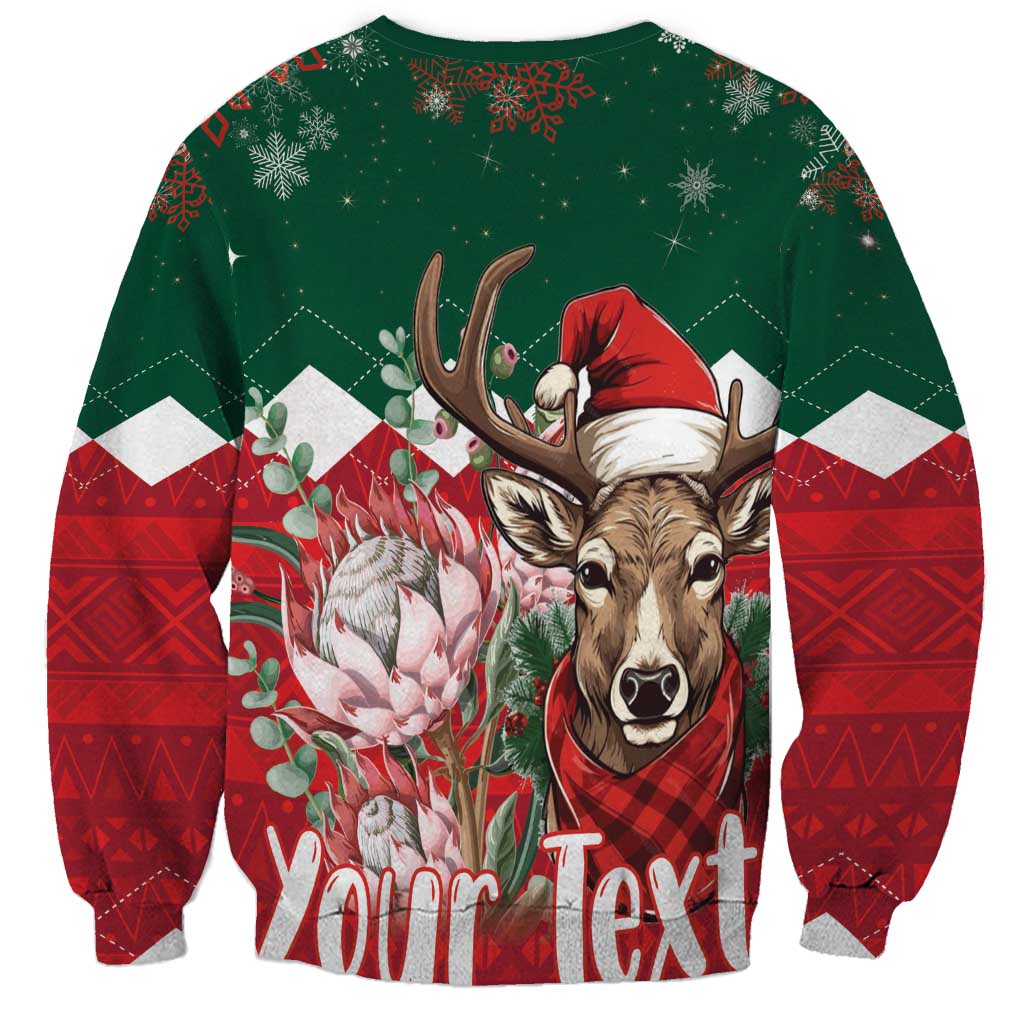 Unisex Christmas sweatshirt, red and green with reindeer face, Santa hat, and "Your Text"