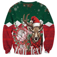 Unisex Christmas sweatshirt, red and green with reindeer face, Santa hat, and "Your Text"