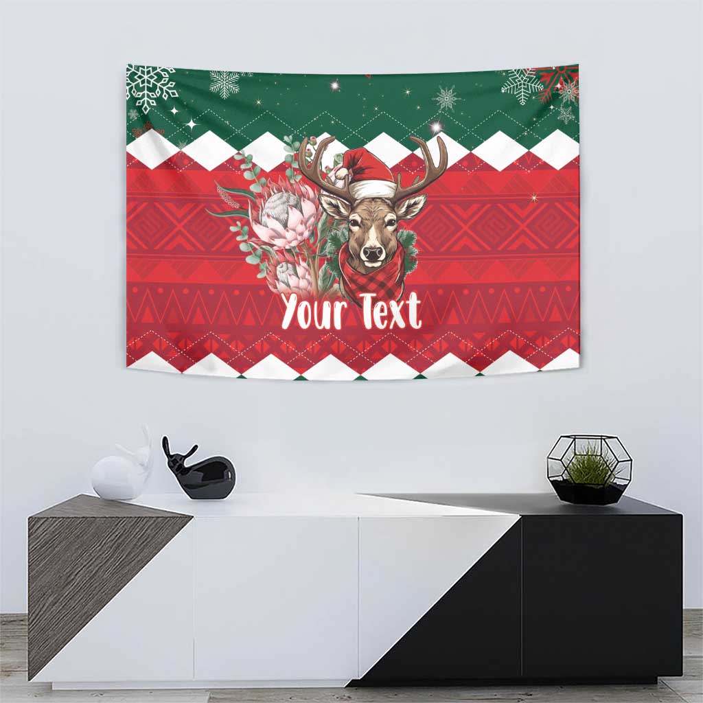 Green and red Christmas tapestry featuring a springbok portrait and “Your Text”.