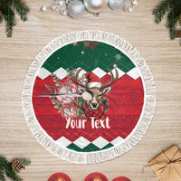 Round Christmas tree skirt with white fringe, deer graphic and 'Your Text' on green/red