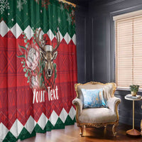 Personalized Christmas window curtain with deer and floral print, green and red panels