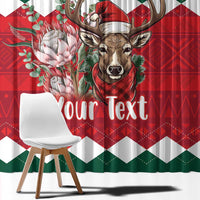 Christmas window curtain with deer head and flowers, green and red argyle pattern