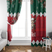 Christmas window curtain pair in green and red with deer, white chevrons, and flowers