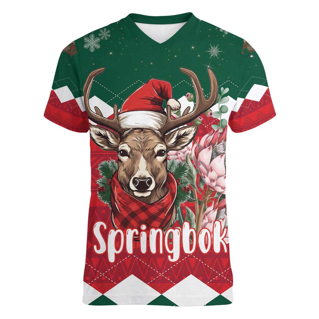 Personalized South Africa Christmas Women V-Neck T-Shirt Springbok With King Protea