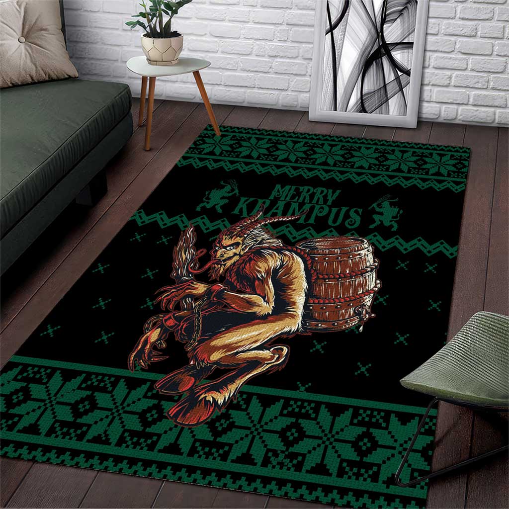 Green Christmas area rug with Krampus graphic and dark patterned border