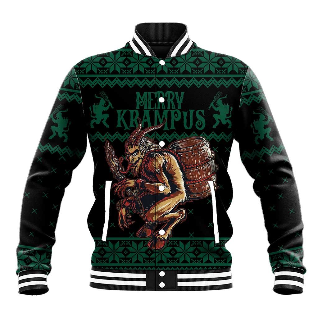 Green unisex baseball jacket with Krampus front graphic and striped ribbed collar