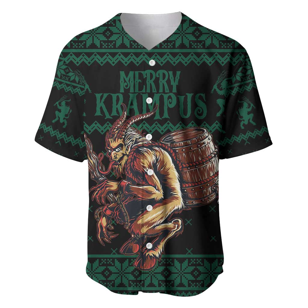 Green baseball jersey with V-neck and buttons, Krampus holiday graphic