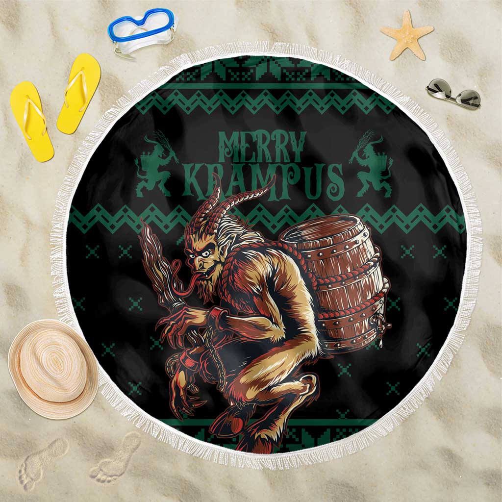 Round green beach blanket with fringe edge, black graphic of Krampus holding barrel