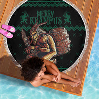 Round green beach blanket with fringe edge, Krampus art with Merry text, seen from above