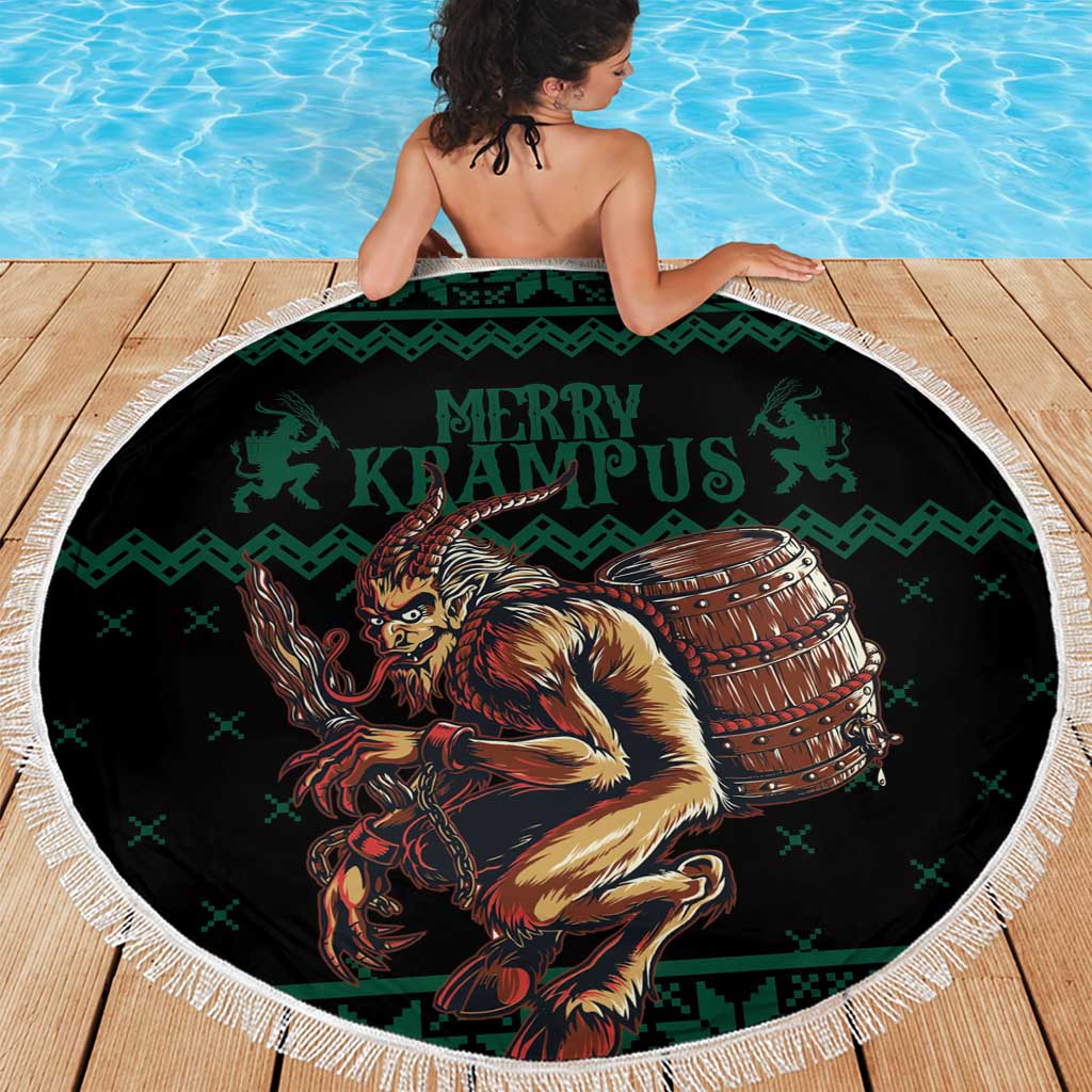 Round green beach blanket with fringe edge, Krampus graphic and Merry Krampus lettering