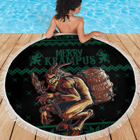 Round green beach blanket with fringe edge, Krampus graphic and Merry Krampus lettering