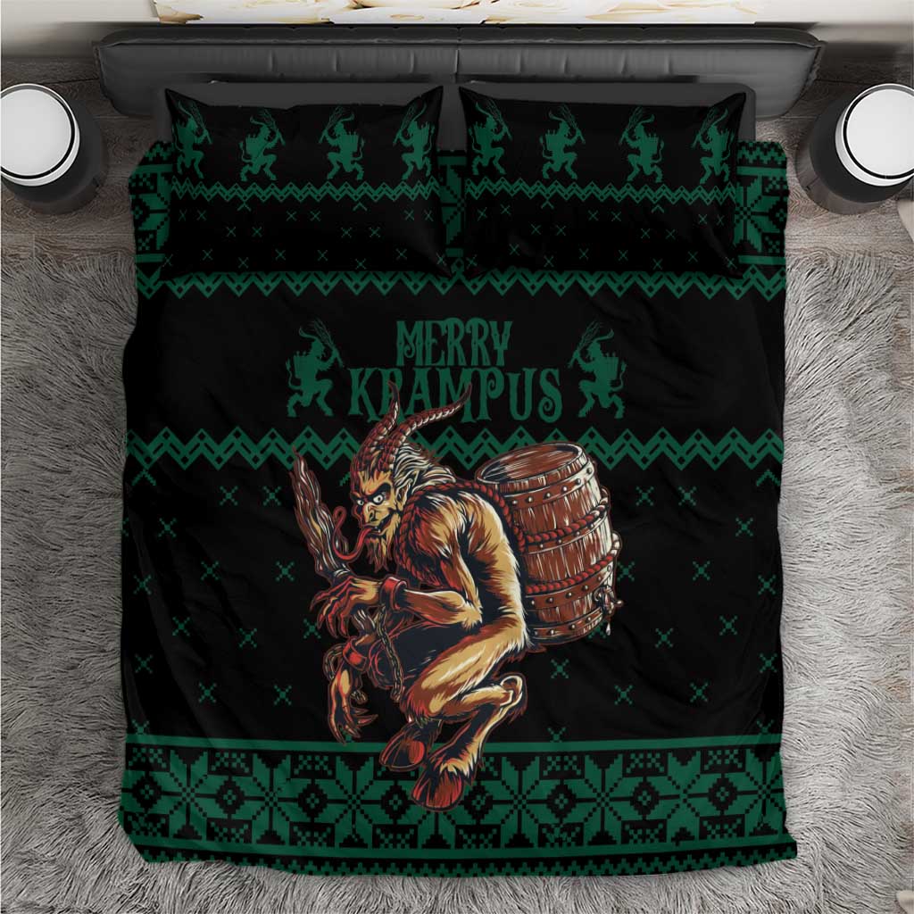 Green and black Christmas bedding set with Krampus graphic and matching pillow shams