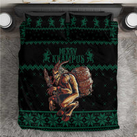 Green and black Christmas bedding set with Krampus graphic and matching pillow shams