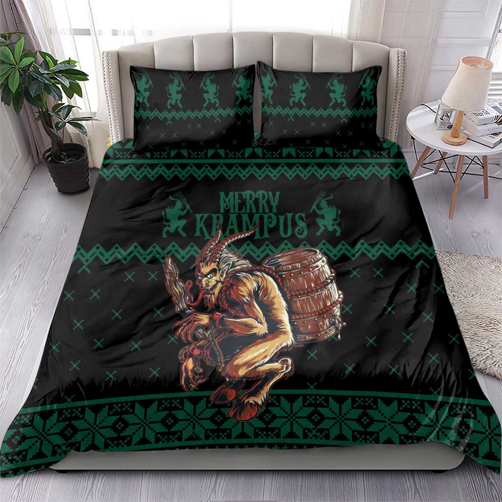 Krampus-themed green and black Christmas bedding set with two pillow shams