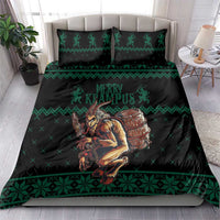 Krampus-themed green and black Christmas bedding set with two pillow shams