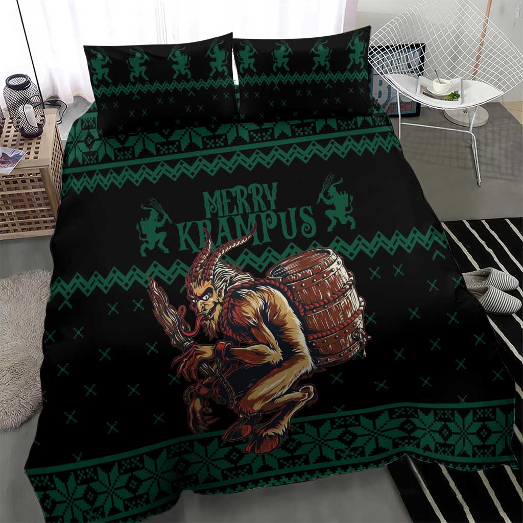 Green and black Christmas duvet cover with Krampus character and festive stripe panel