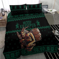 Green and black Christmas duvet cover with Krampus character and festive stripe panel