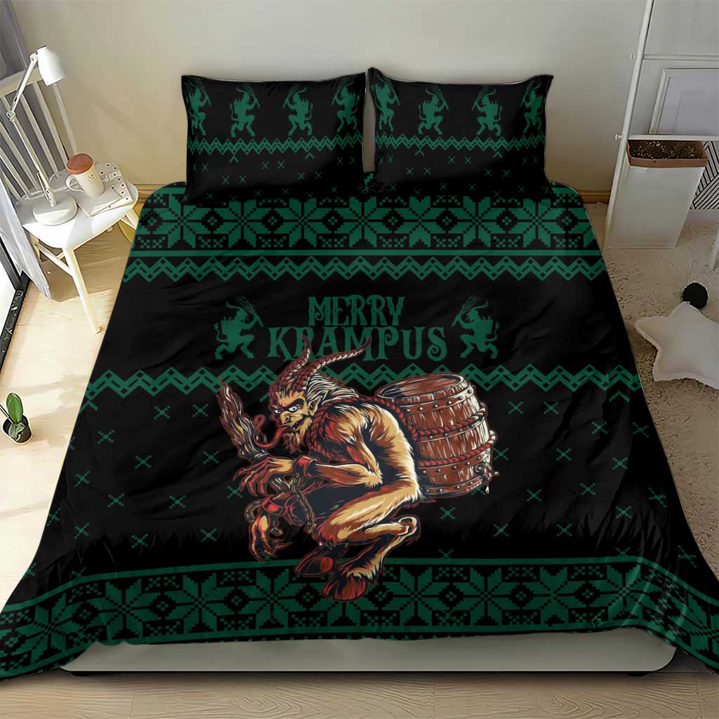 Krampus green and black Christmas bedding set with banded patterned duvet and two pillow shams