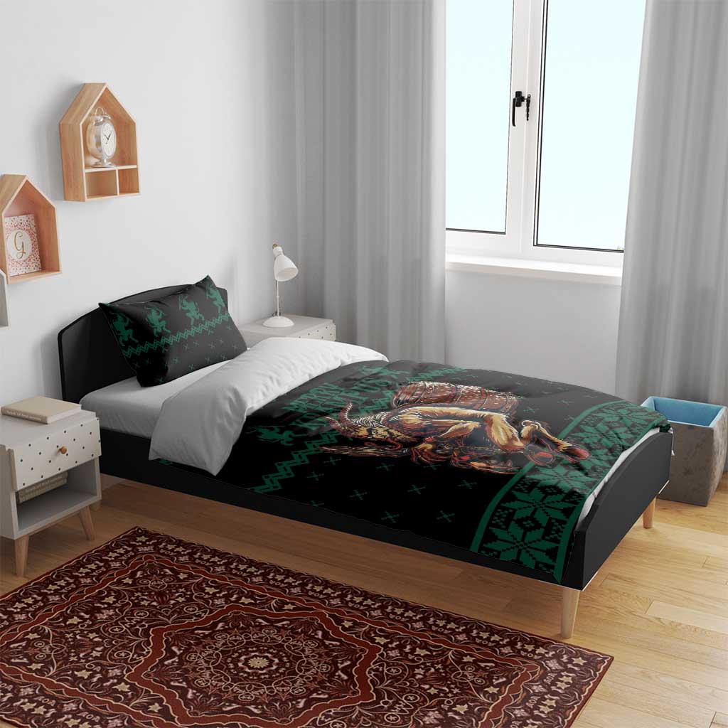 Krampus green and black Christmas bedding set on bed with pillow shams