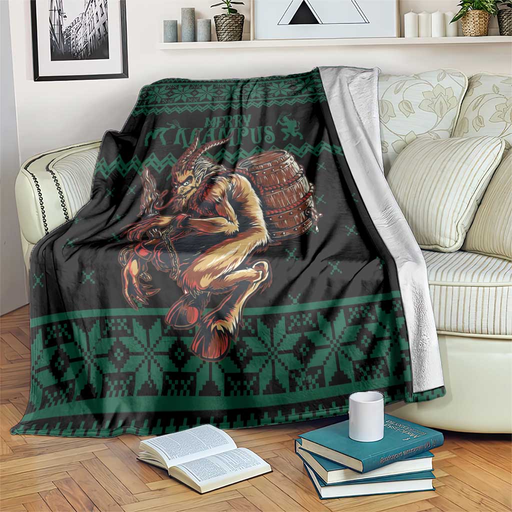 Green holiday blanket with black base, Merry Krampus graphic and festive pattern border