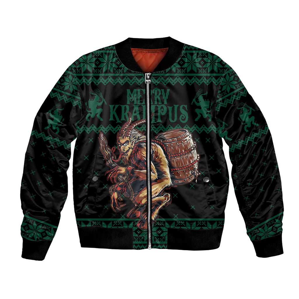 Green unisex bomber jacket with full-zip front, ribbed trims, Krampus graphic center