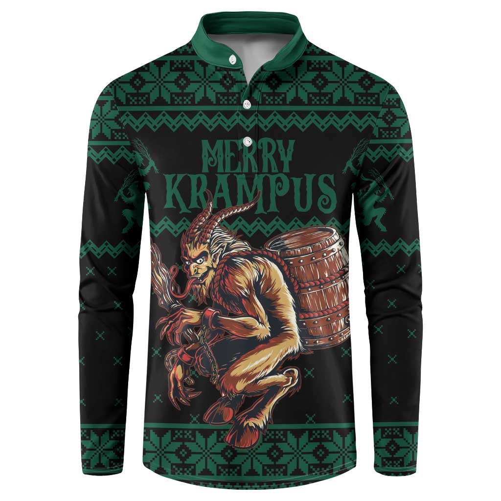 Green and dark festive Krampus graphic button henley sweatshirt, long sleeves.