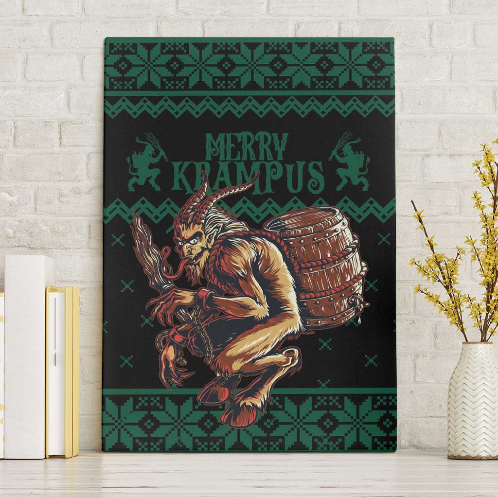 Green canvas wall art with Krampus holding a barrel and 'Merry Krampus' title