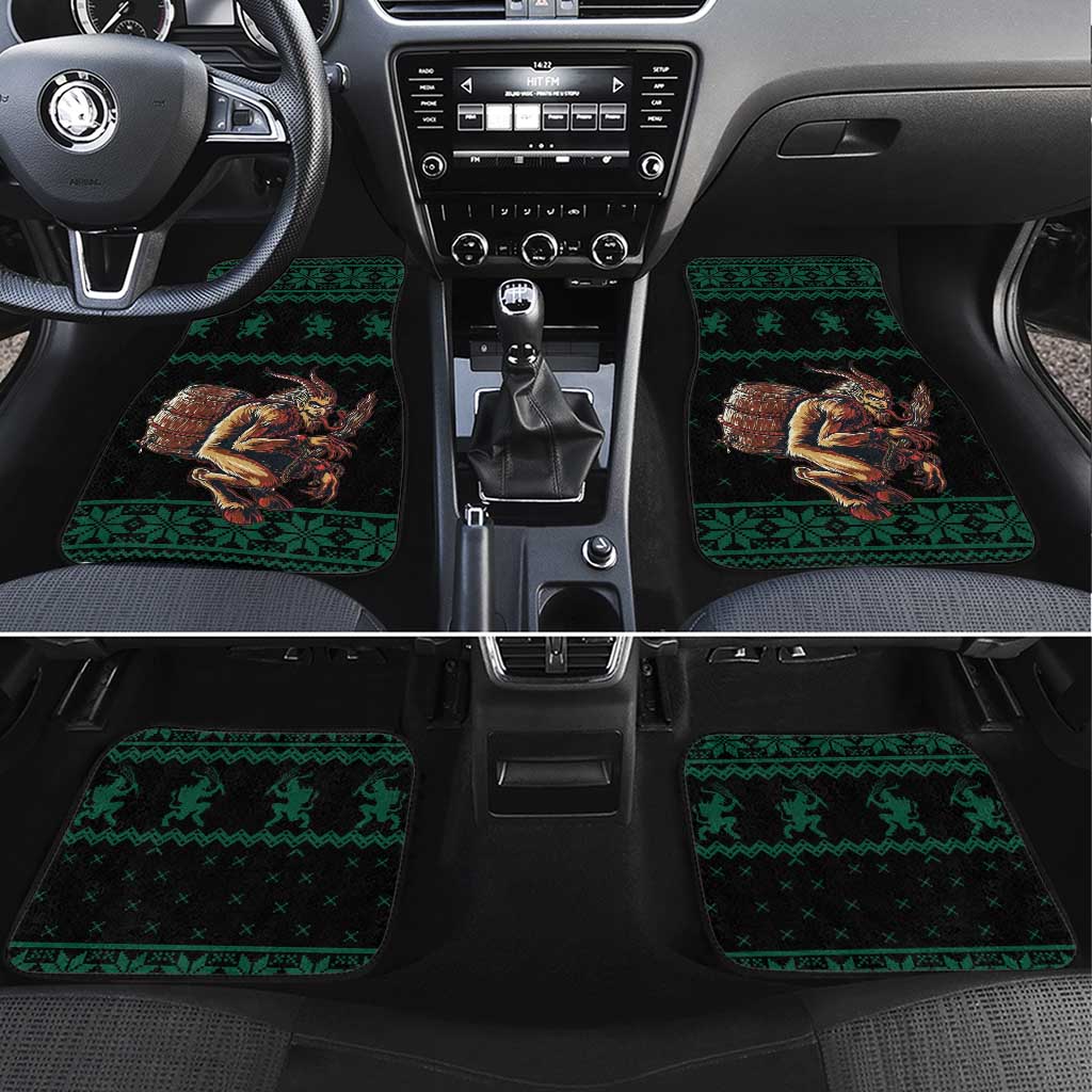 Green holiday Krampus car floor mat set with black border and roaring figure print
