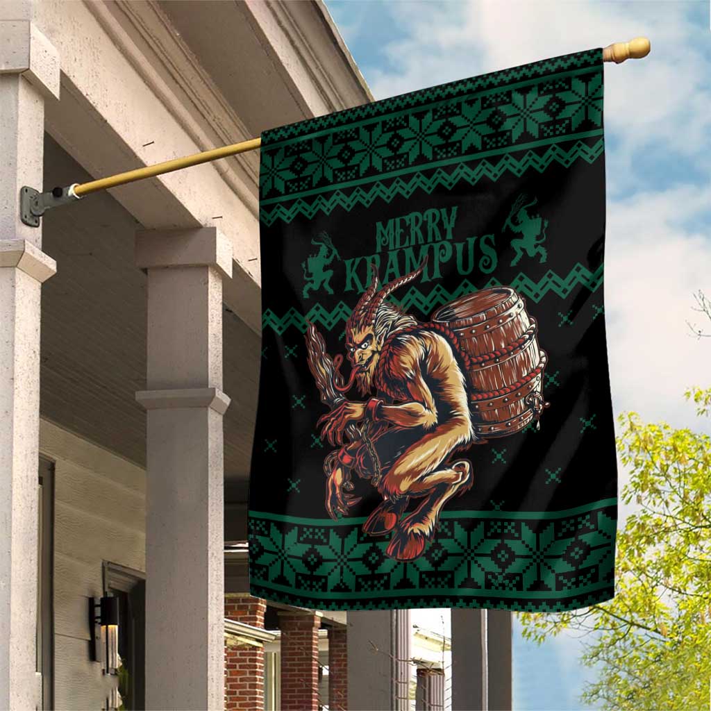 Green Christmas garden flag with “Merry Krampus” text and Krampus holding a drum