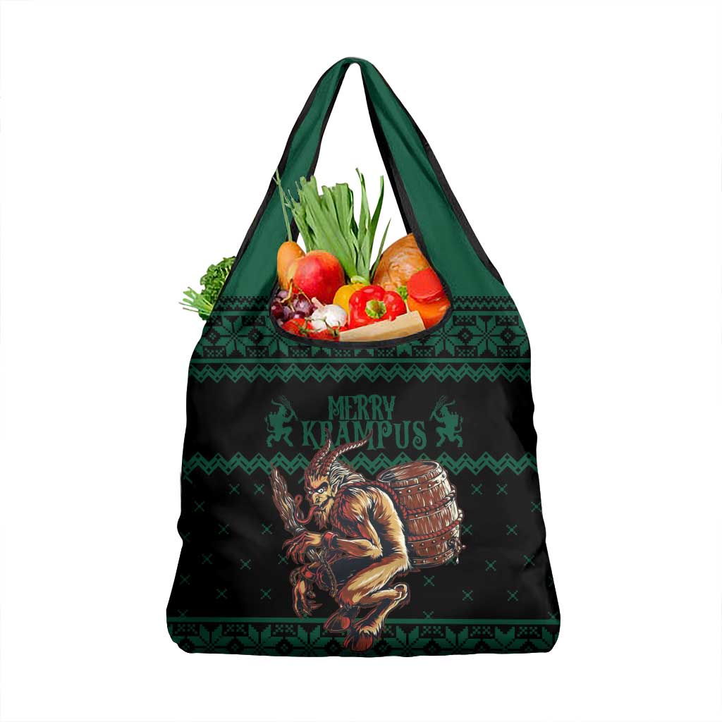 Krampus holiday grocery tote bag, dark with green handles and festive vegetable graphic