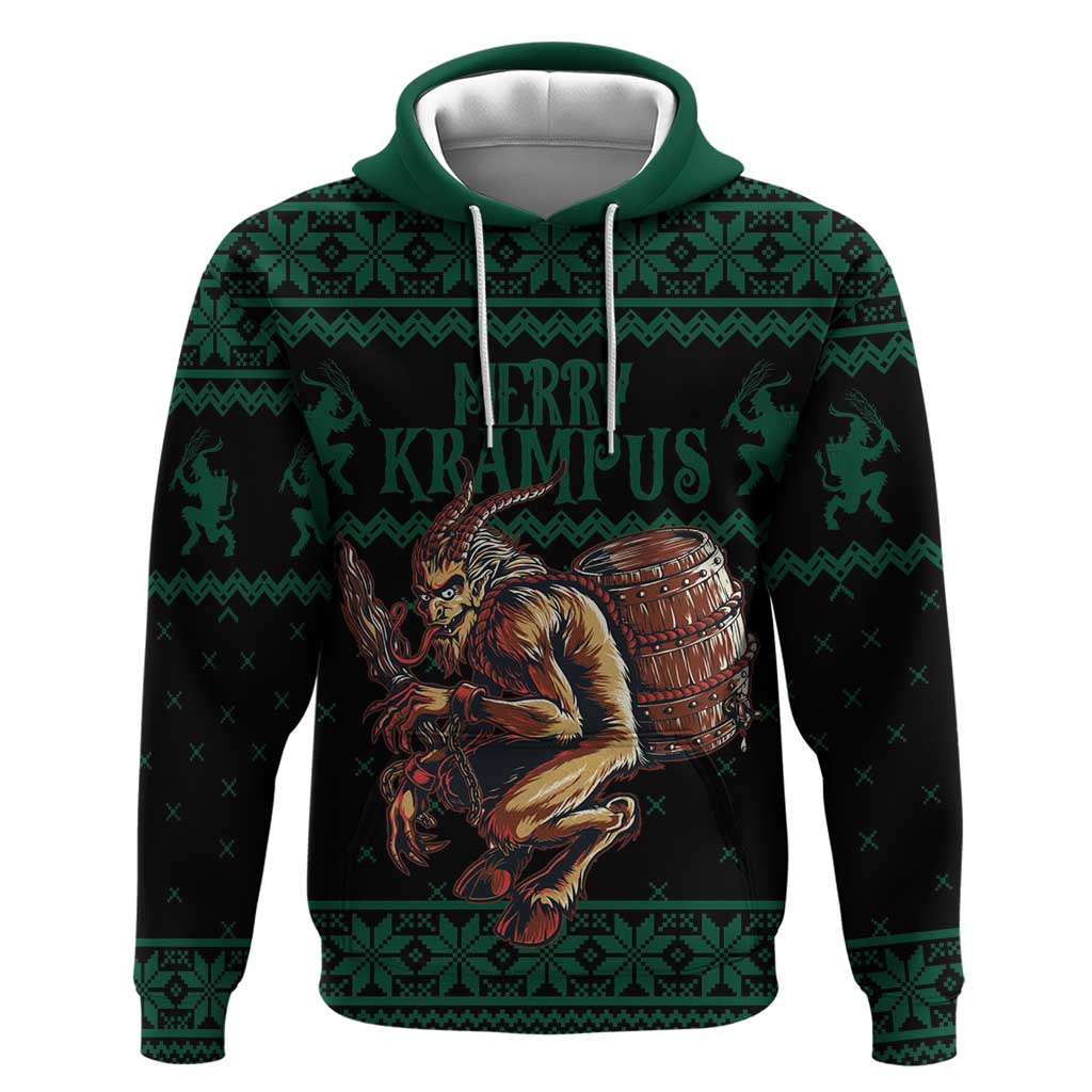 Green zip hoodie with Krampus graphic, 'Merry Krampus' text, and festive knit pattern