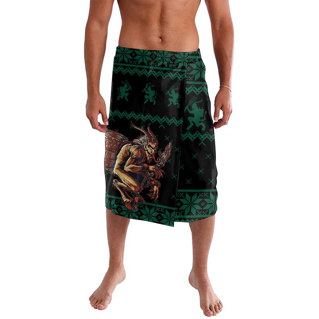 Men's green printed wrap sarong skirt with dark border and festive figure graphic