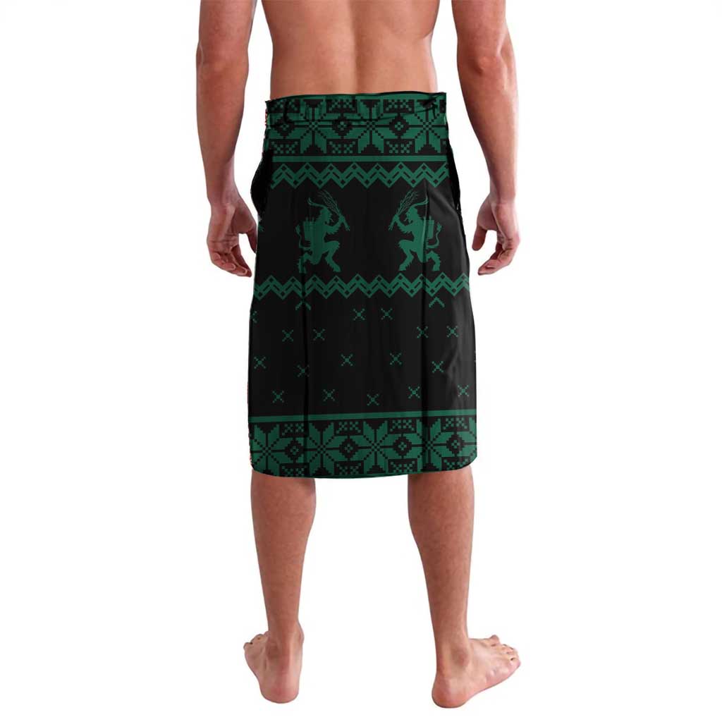 Men's green printed wrap sarong skirt with allover holiday patterns