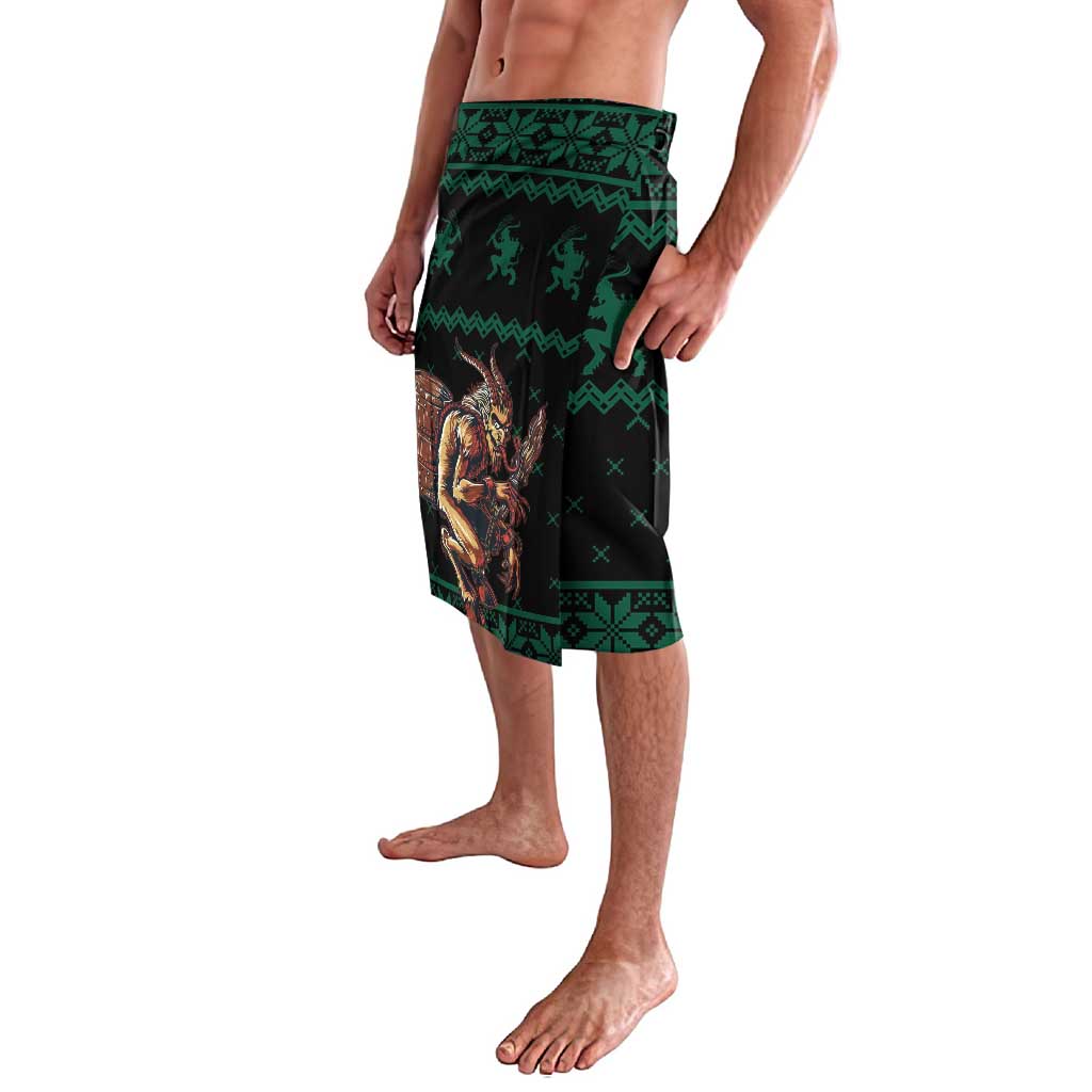 Men's green printed wrap sarong skirt with side panel figure and patterned trim