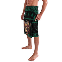 Men's green printed wrap sarong skirt with side panel figure and patterned trim
