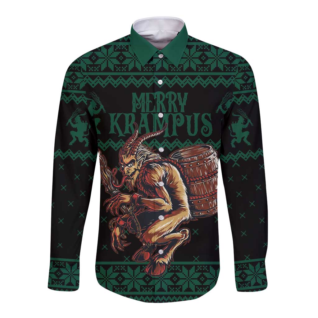 Dark green long-sleeve button shirt with Krampus front graphic and festive text