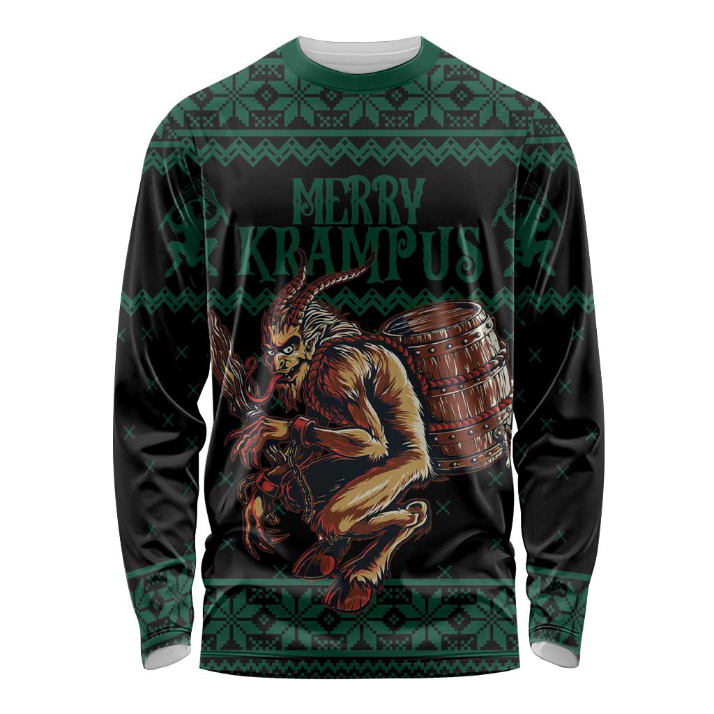 Long-sleeve Christmas shirt, green and dark with “Merry Krampus” graphic and festive sweater pattern