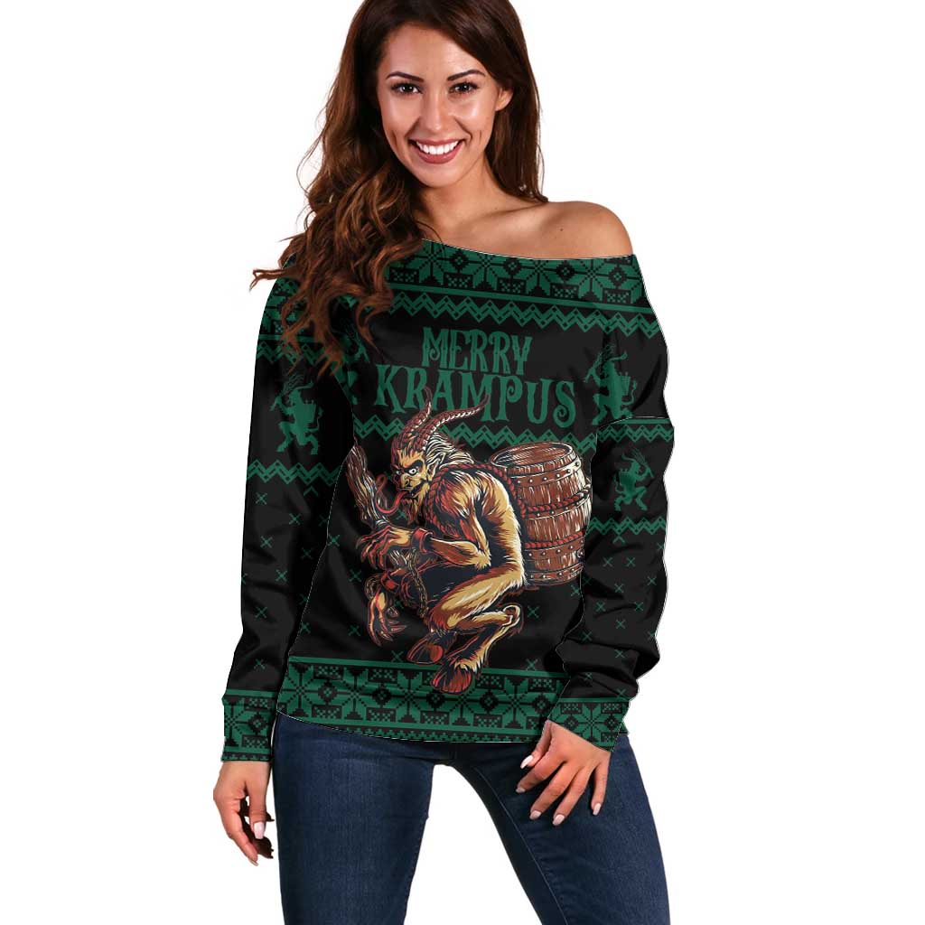 Green off-shoulder holiday sweater with Krampus graphic and festive trim