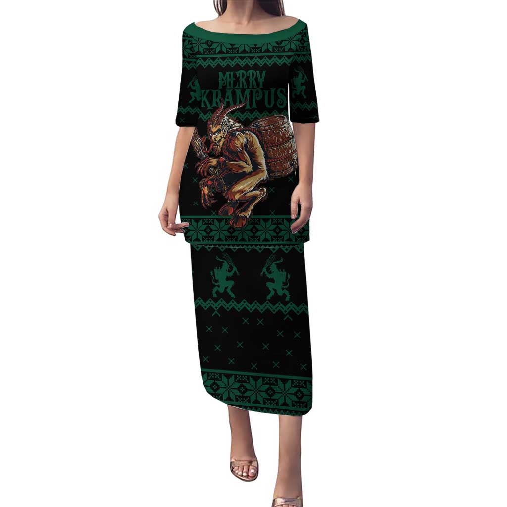 Green long Christmas dress with short sleeves and creepy character print, front view
