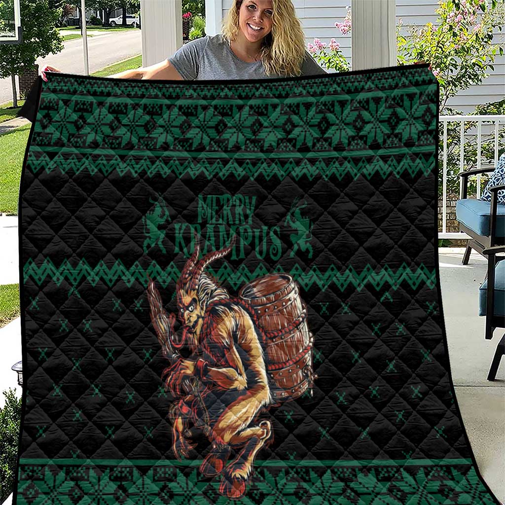 Green Christmas quilt with black backing and Krampus barrel graphic panel
