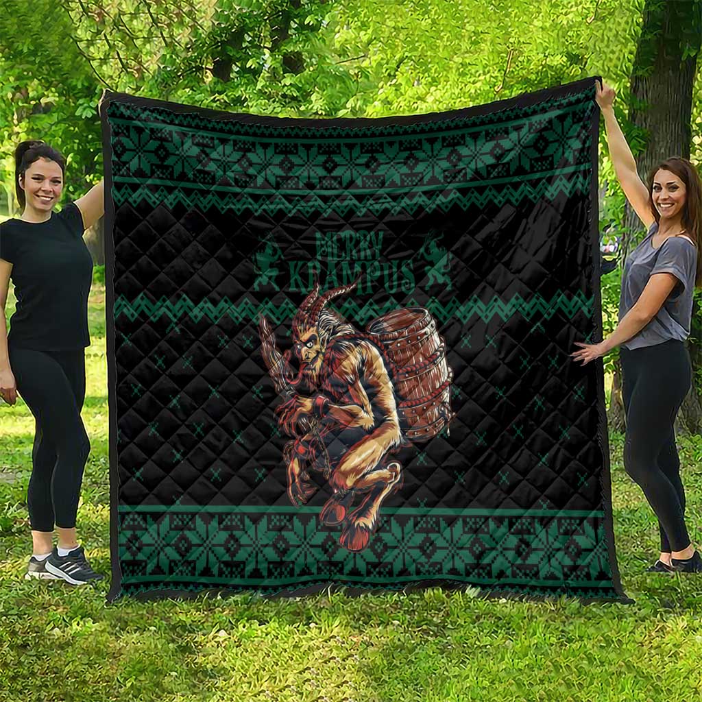 Green and black Krampus Christmas quilt, full blanket view with patterned border