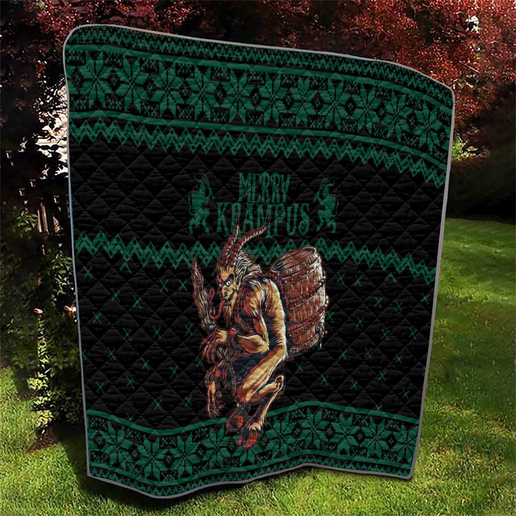 Green Christmas quilt with Krampus barrel centerpiece and textured quilt stitching
