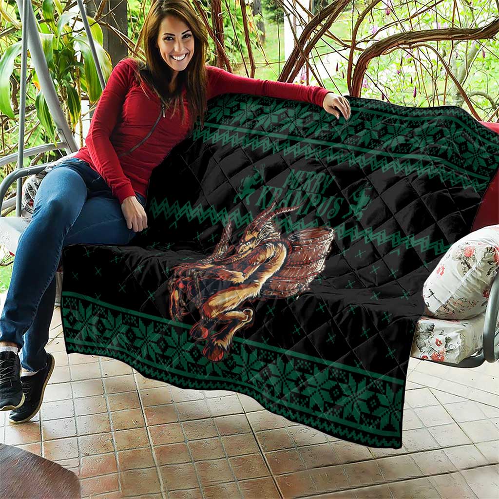 Green Christmas quilt draped outdoors, black center with Krampus barrel design