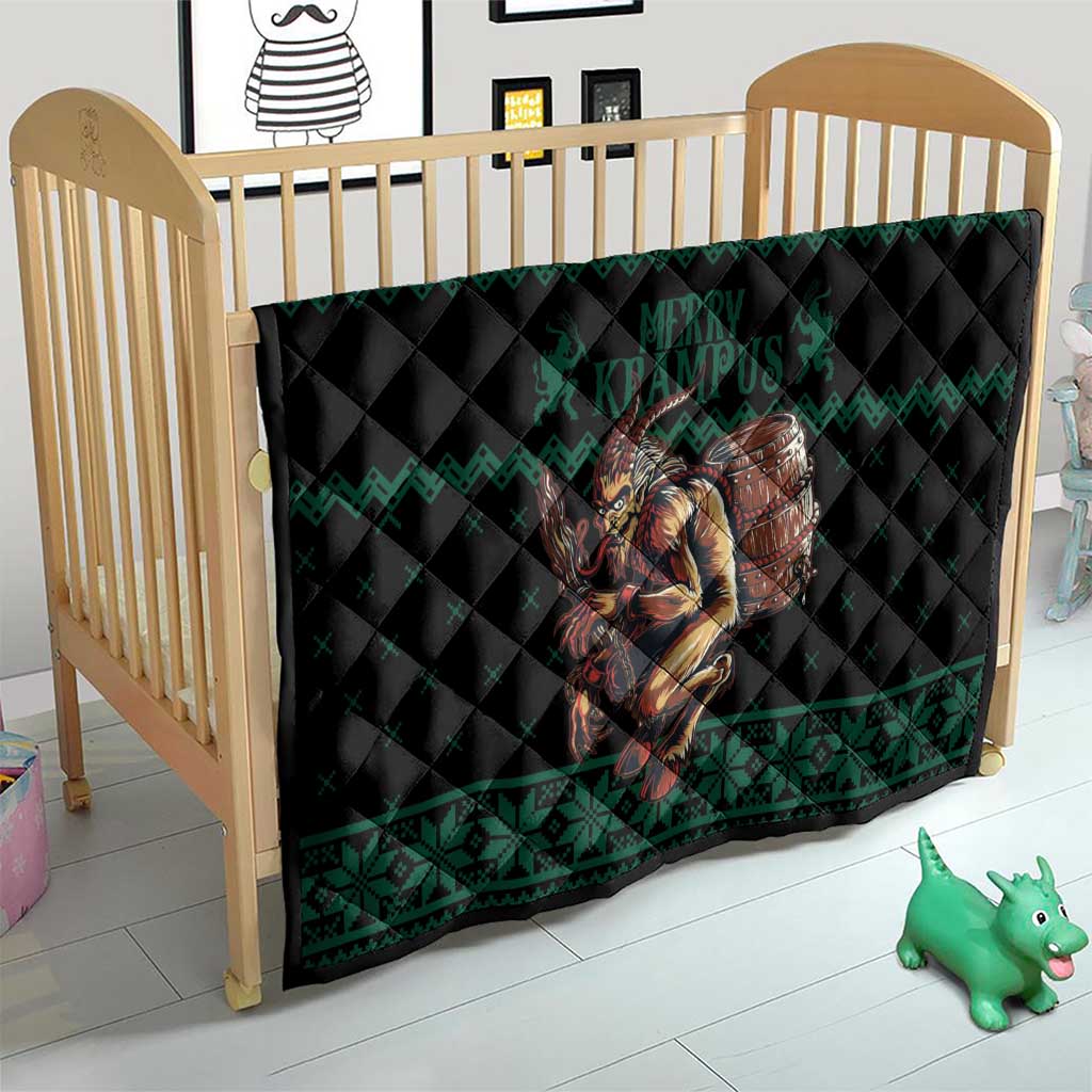 Green Krampus Christmas quilt over toddler bed with black center and border pattern