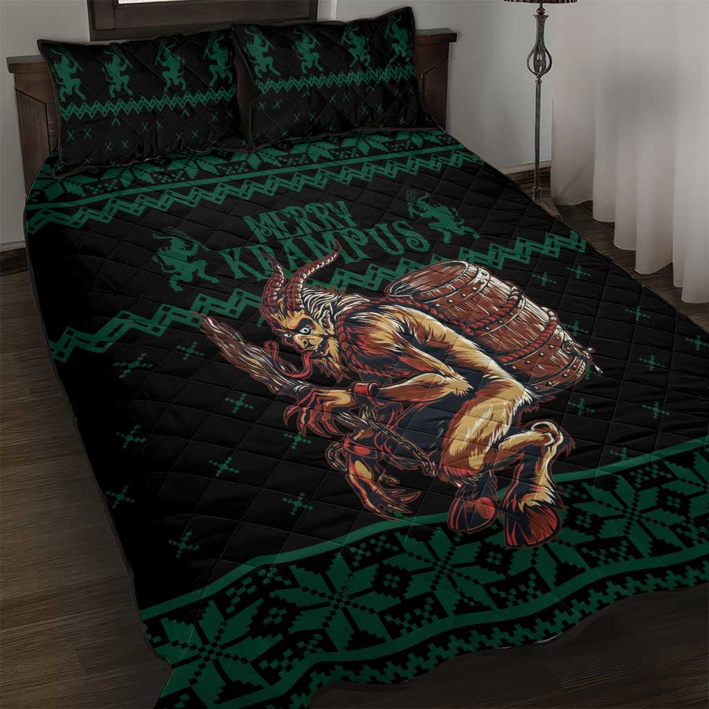 Green and black quilt bed set with horned Krampus figure and matching pillowcases
