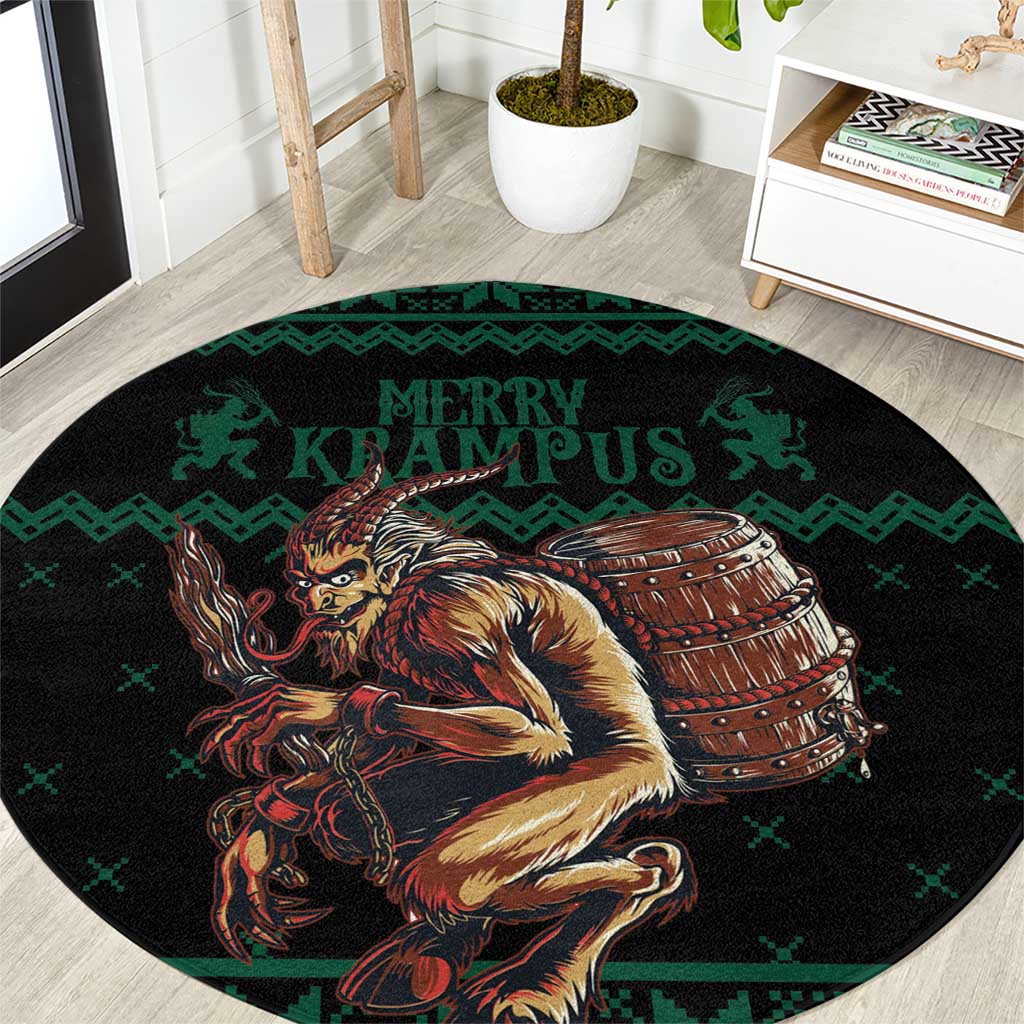 Round Christmas Krampus rug: black with green border, roaring Krampus holding a drum