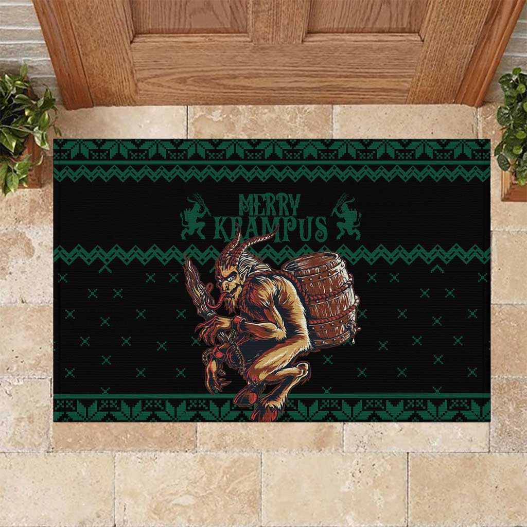 Green rubber Christmas doormat with dark center and Merry Krampus graphic