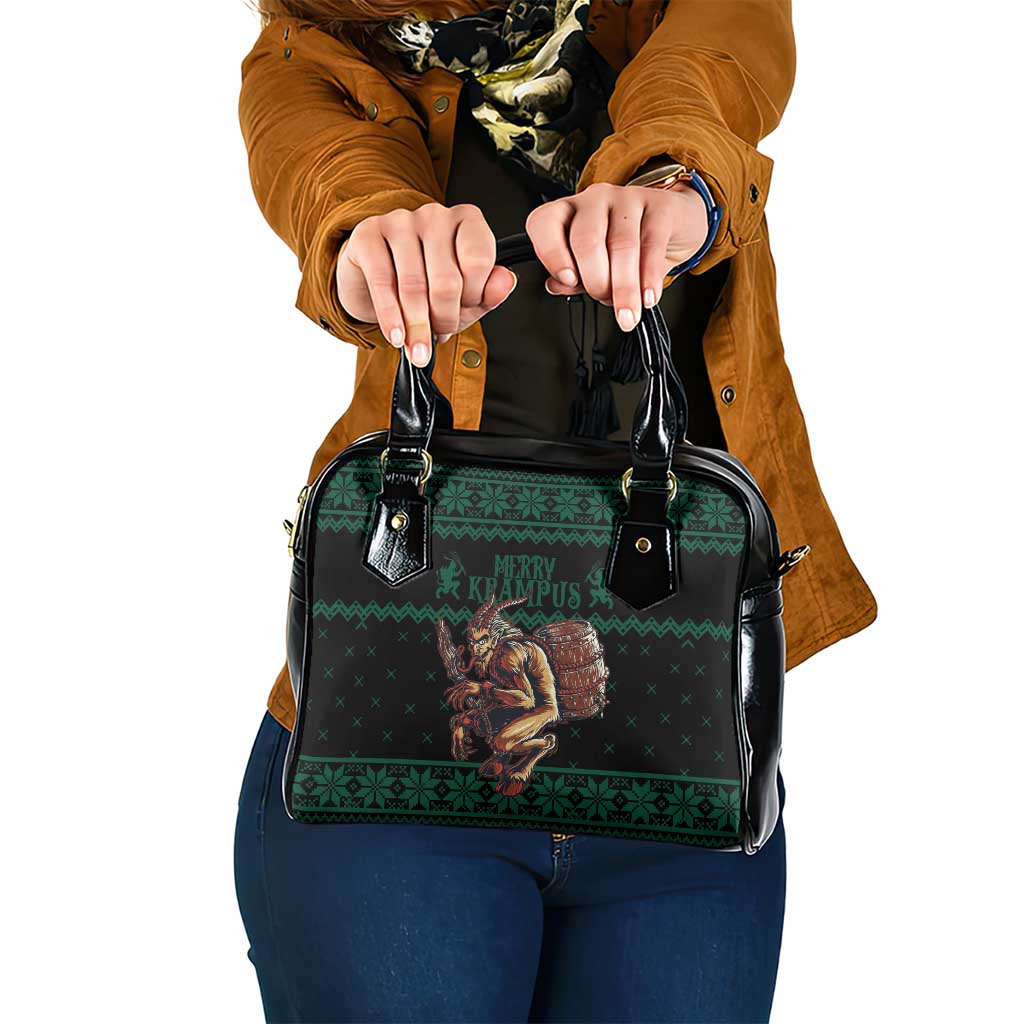 Green holiday shoulder handbag with black trim, handles, and zipper top, monster print