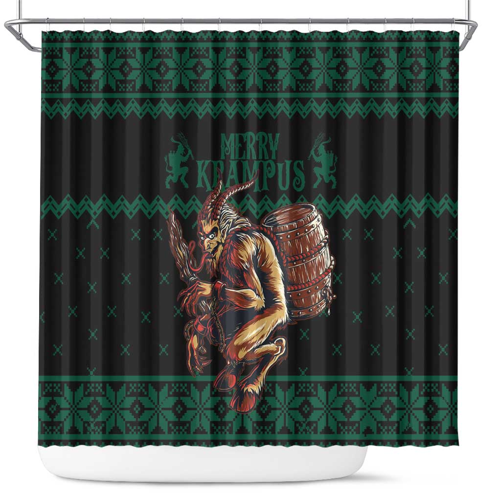 Green and dark shower curtain with festive Krampus character, barrel, and decorative banded pattern