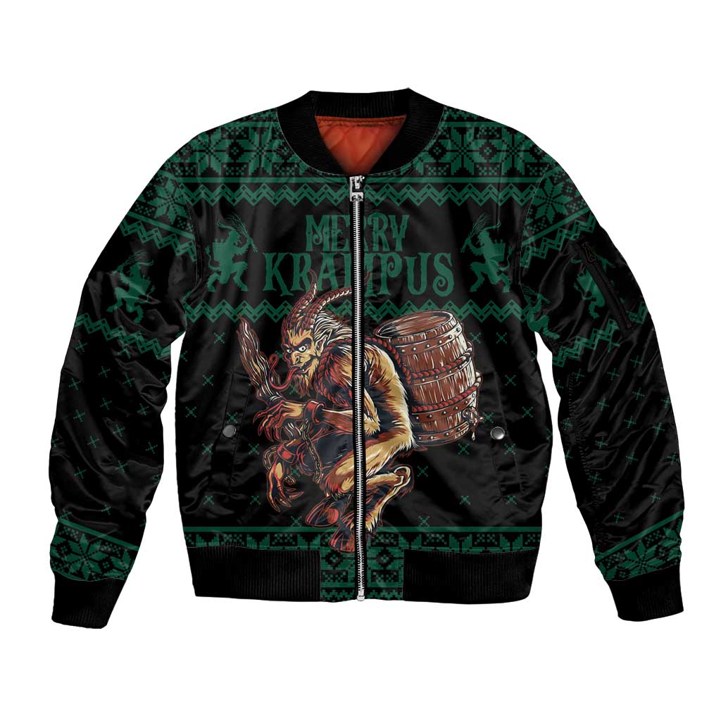 Green unisex bomber jacket with front zipper and Krampus-style graphic, ribbed hem